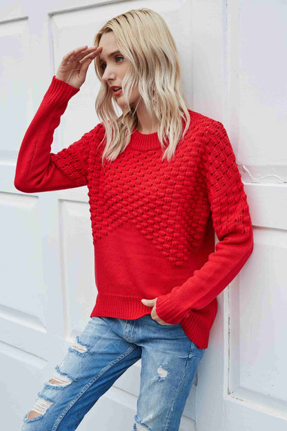 Pom-Pom Drop Shoulder Ribbed Trim Sweater