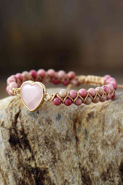 Bracelet perlé coeur en quartz rose