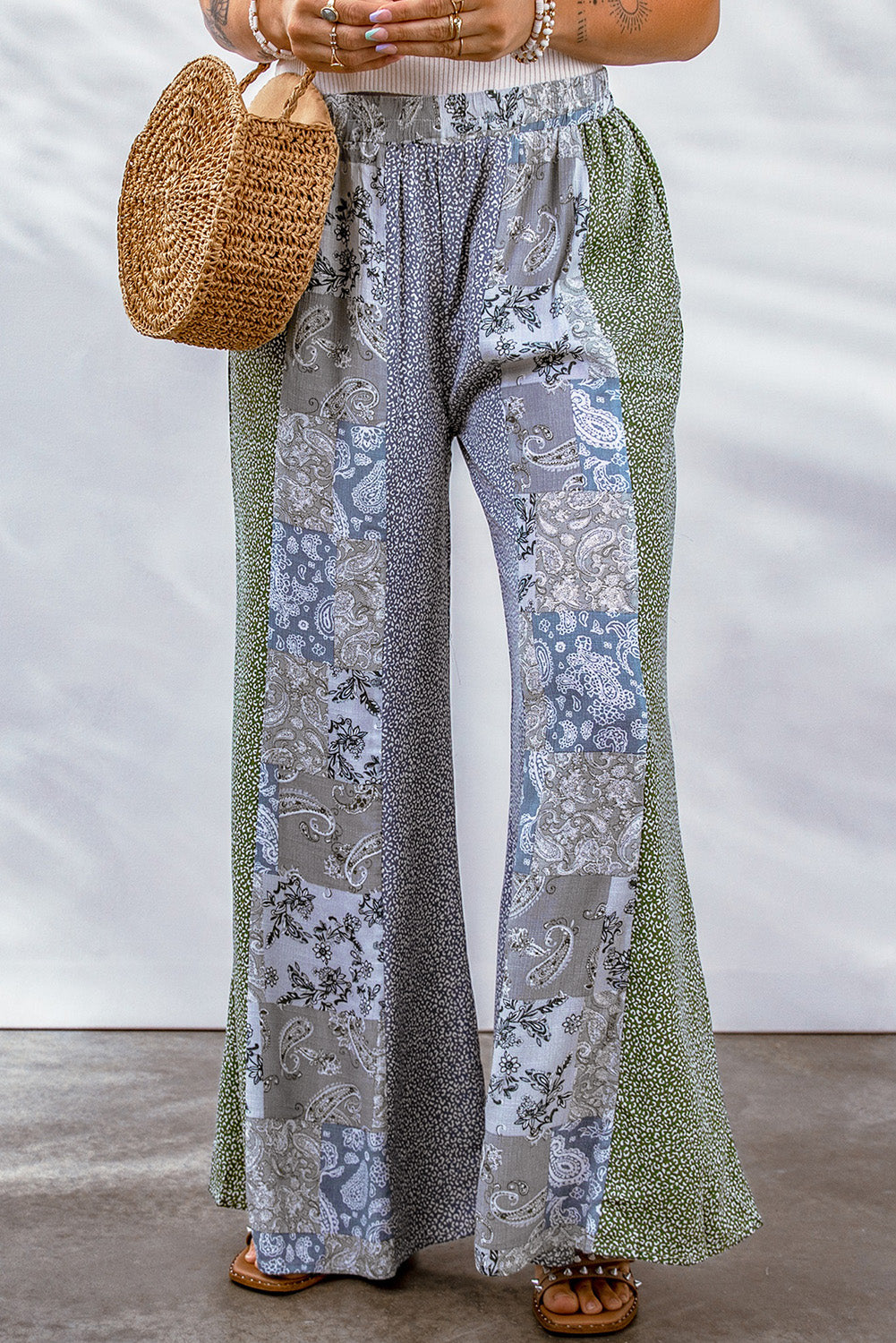 Mixed Print Pull-On Wide Leg Pants