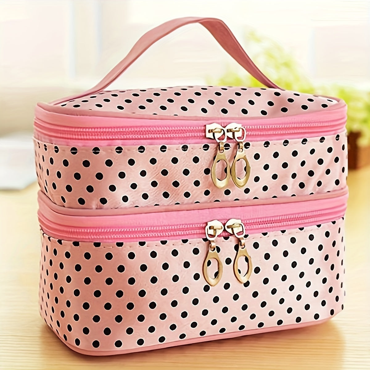 Stylish Double Layer Makeup Case with Brush Storage and Travel Toiletry Pouch for Women and Girls - Pink Polka Dot Design