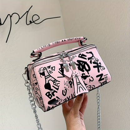 Trendy Graffiti Handbag for Women - Stylish Chain Crossbody Bag with Small Zipper Box Purse