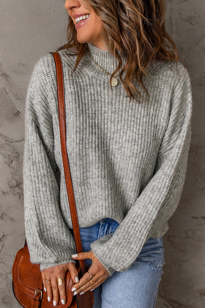 Heathered Balloon Sleeve Rib-Knit Sweater