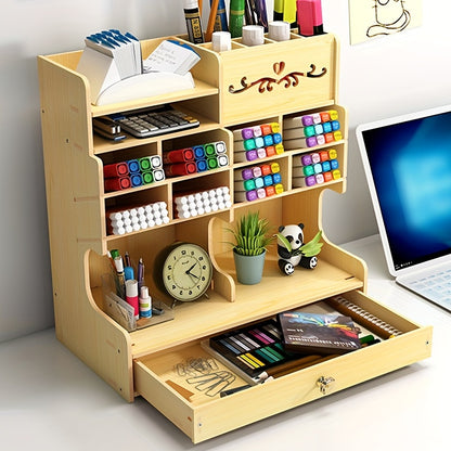 1pc DIY Manual Assembly Wooden Desk Organizer, Multi-Functional DIY Pen Holder, Pen Organizer For Desk, Desktop Stationary, Easy Assembly, Home Office Art Supplies Organizer Storage With Drawer