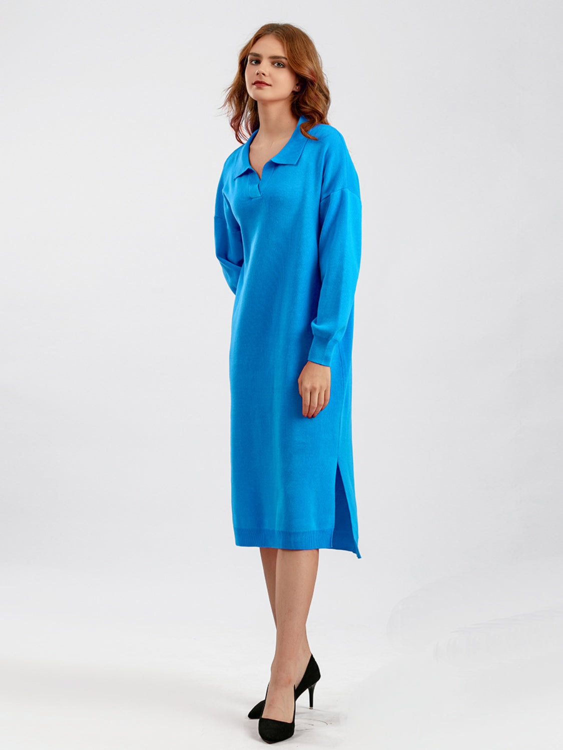 Johnny Collar Long Sleeve Slit Sweater Dress