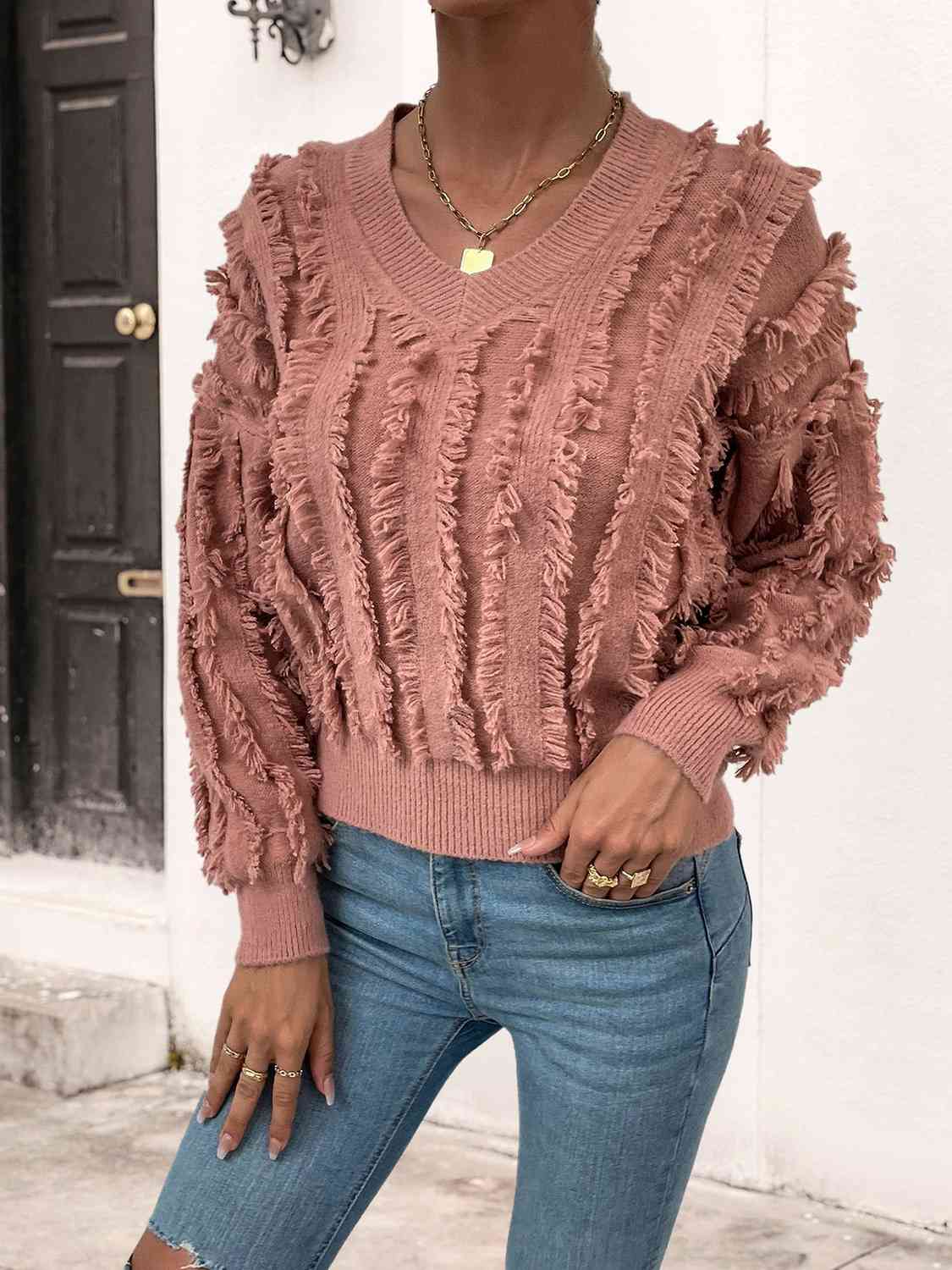 Frill Trim V-Neck Sweater