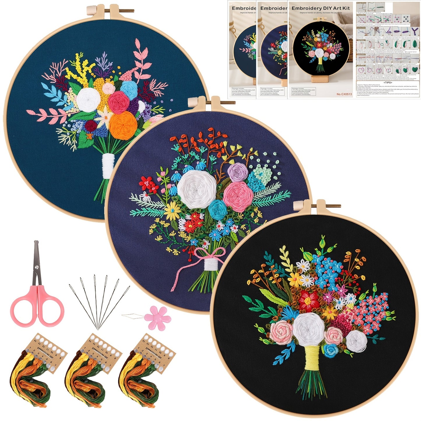 3pcs/set Embroidery Kit, Flower Bouquet Pattern, Including 1 Embroidery Hoop 7.9 Inch, DIY Knitting & Crochet Gift