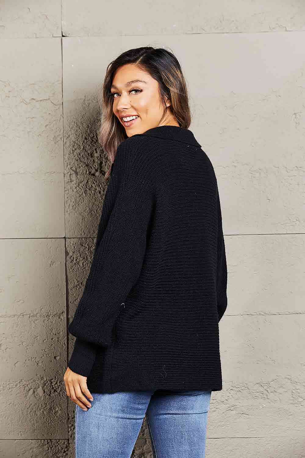 Double Take Horizontal Ribbing Johnny Collar Sweater