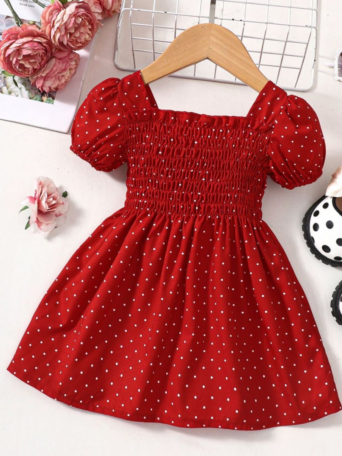 Baby Girl Printed Square Neck Smocked Dress