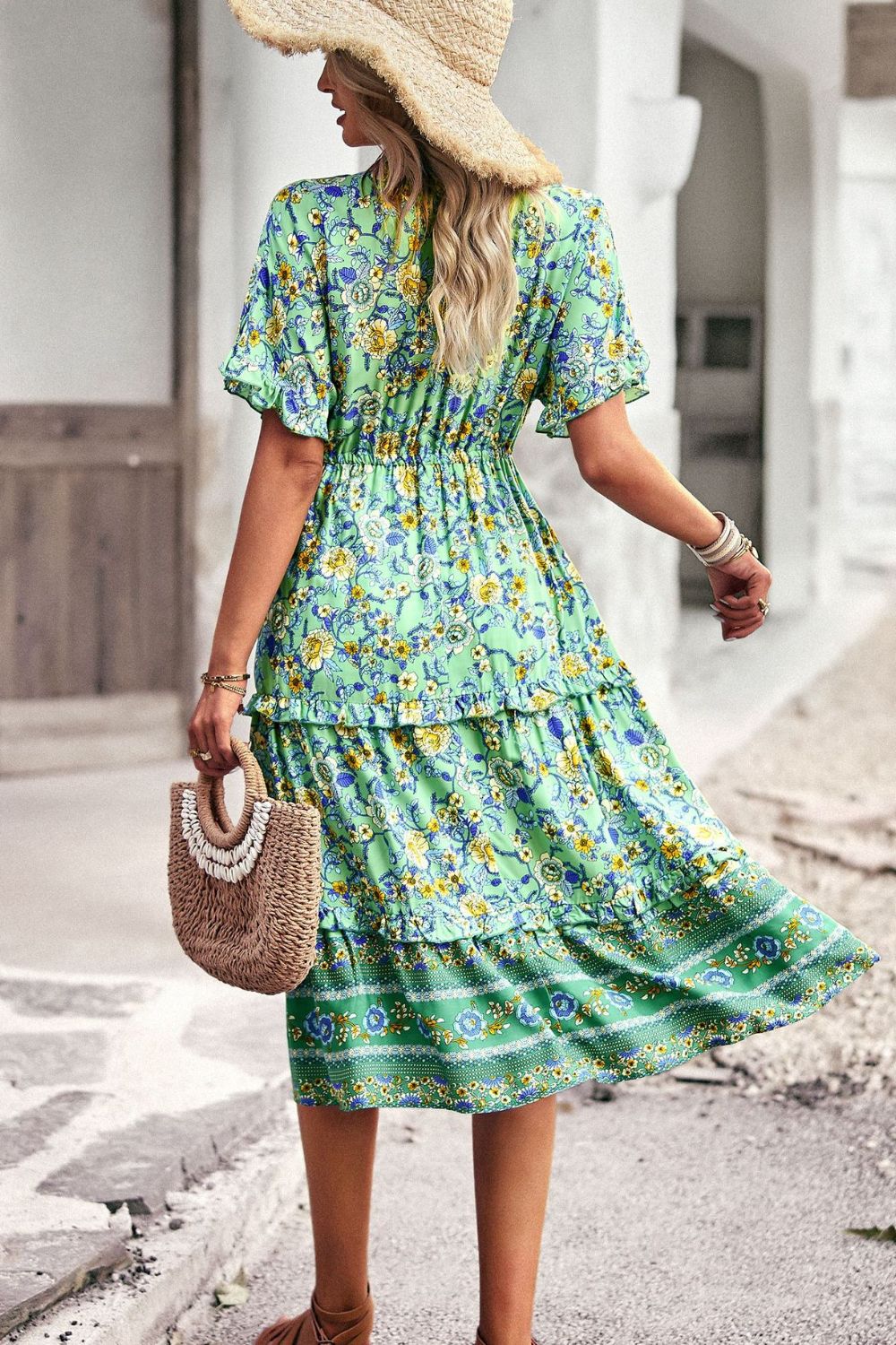 Drawstring V-Neck Short Sleeve Midi Dress