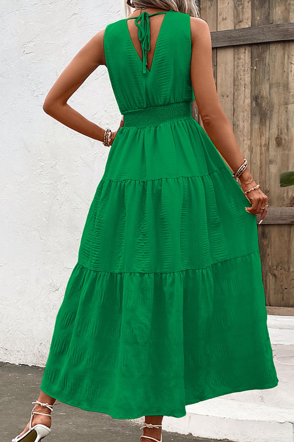 V-Neck Smocked Waist Sleeveless Tiered Dress