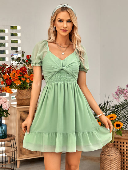 Tied Ruffle Hem Smocked Reversible Dress