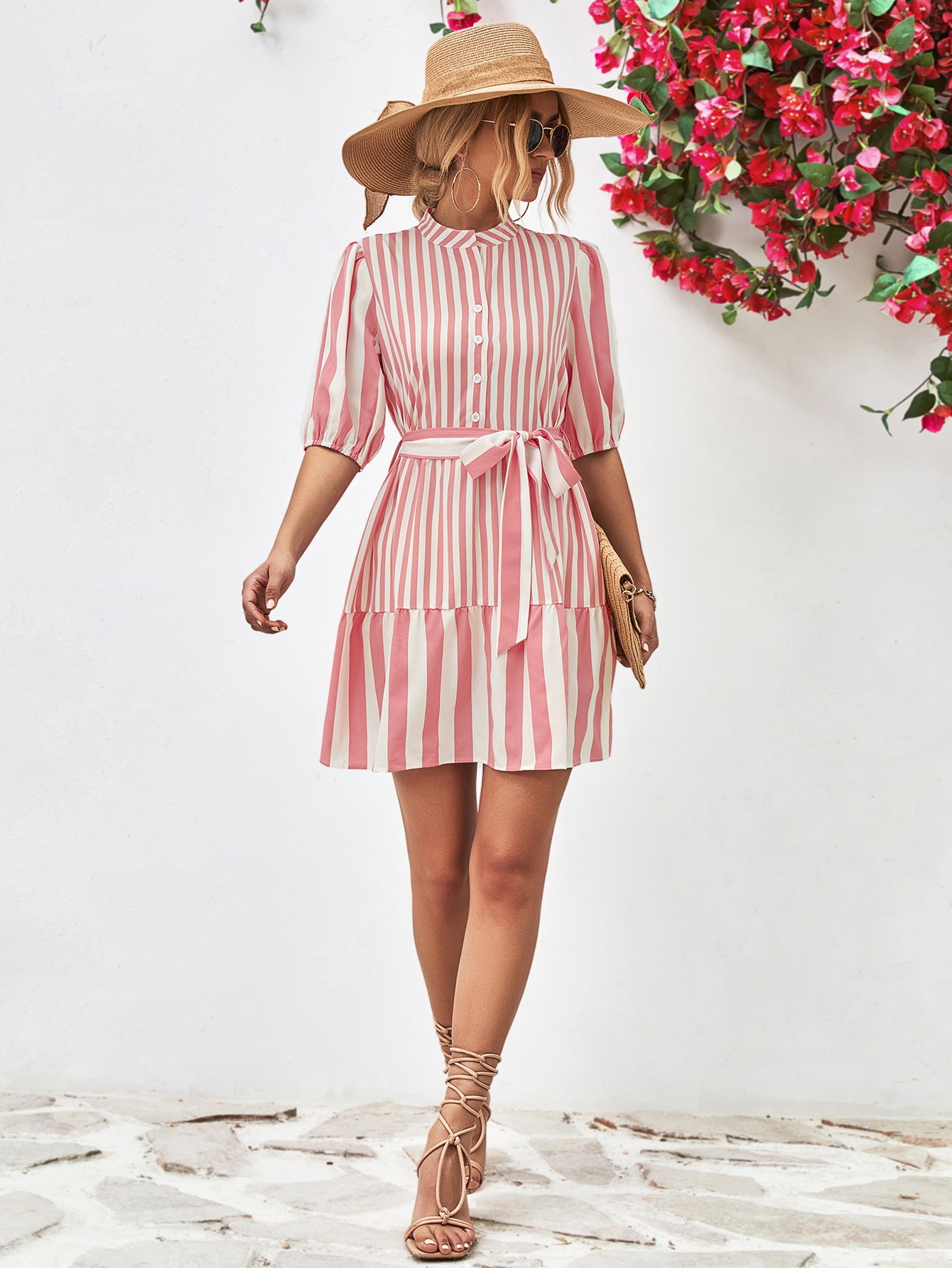 Striped Half Sleeve Tie Waist Mini Dress