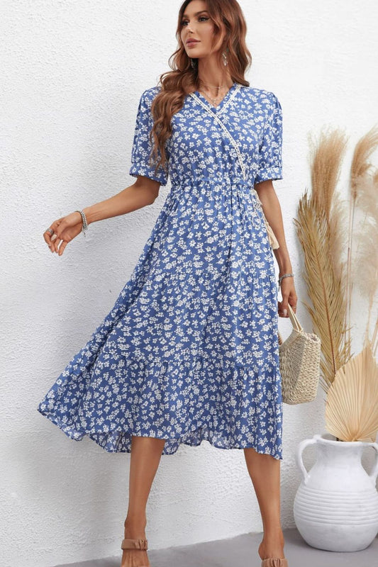 Floral Drawstring Waist Short Sleeve Midi Dress