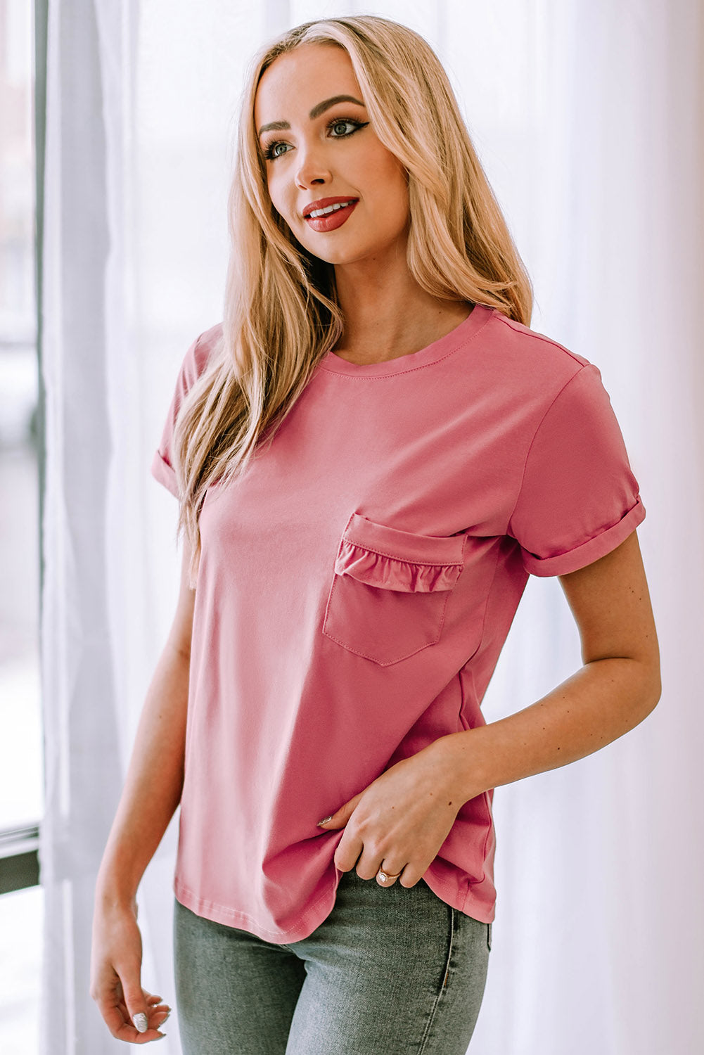 Round Neck Cuffed Sleeve Tee with Breast Pocket