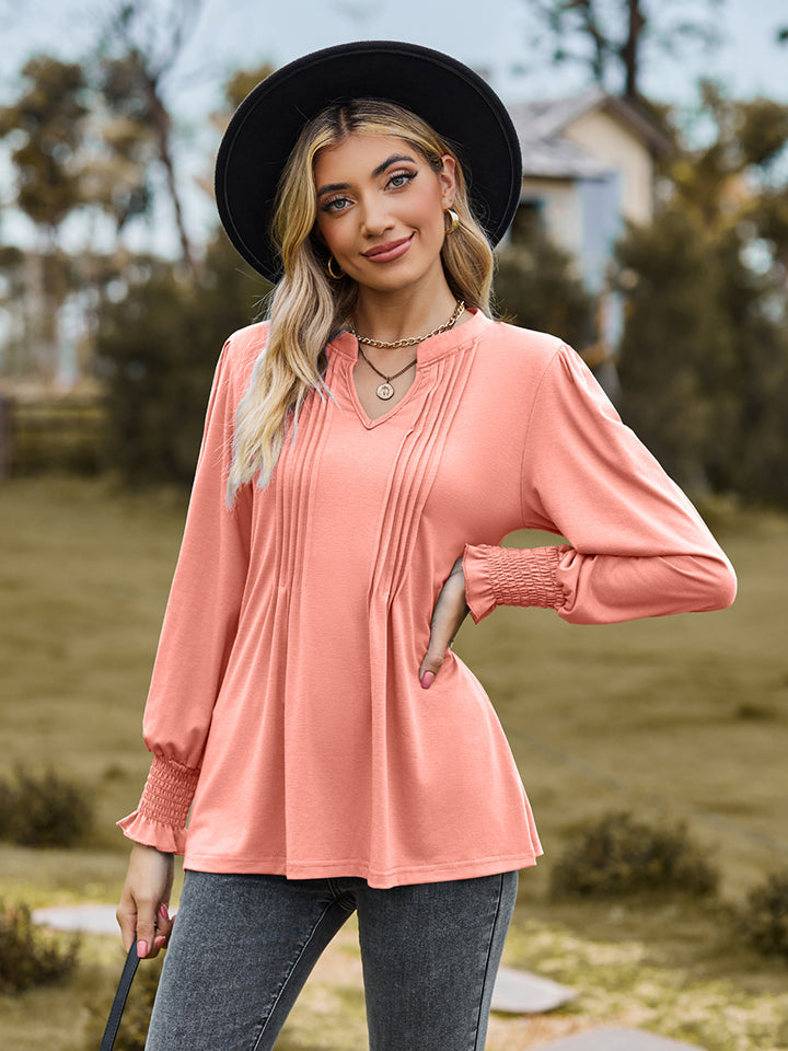 Notched Neck Flounce Sleeve Blouse