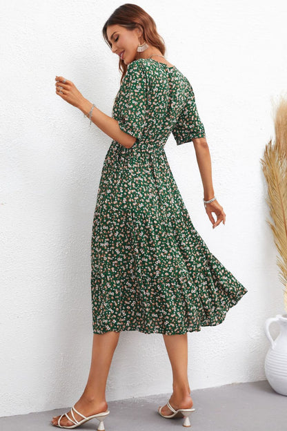 Floral Notched Neck Lace Trim Midi Dress