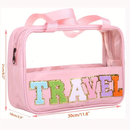 Trousse de maquillage transparente à motif de lettres avec poignée, légère, portable, imperméable, essentiels de voyage, sac à cosmétiques de grande capacité, pochette à fermeture éclair 