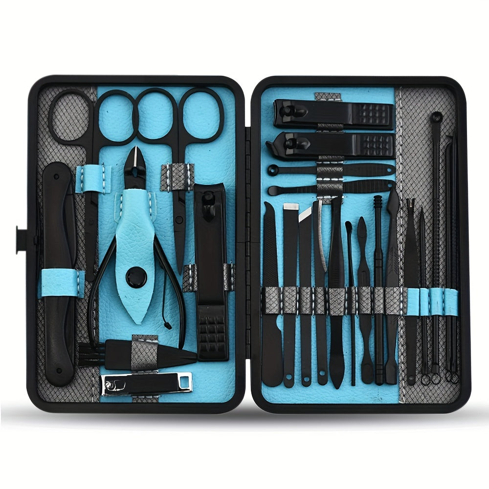 10/15/25 pcs Stainless Steel Manicure Kit with Black Leather Travel Case - Perfect for Men and Women - Includes Nail Clippers and Other Essentials