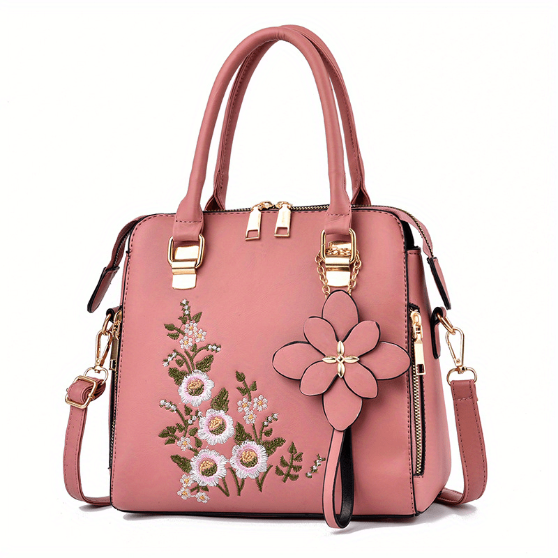 Women's Elegant Embroidered Tote Bag, Faux Leather Satchel Bag, Classic Zipper Shoulder Bag