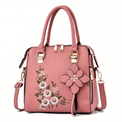 Women's Elegant Embroidered Tote Bag, Faux Leather Satchel Bag, Classic Zipper Shoulder Bag