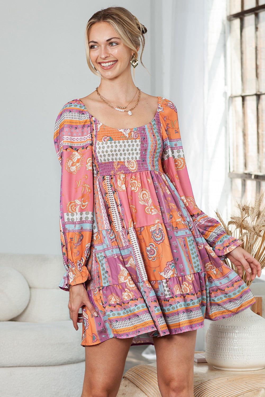 Printed Scoop Neck Flounce Sleeve Dress