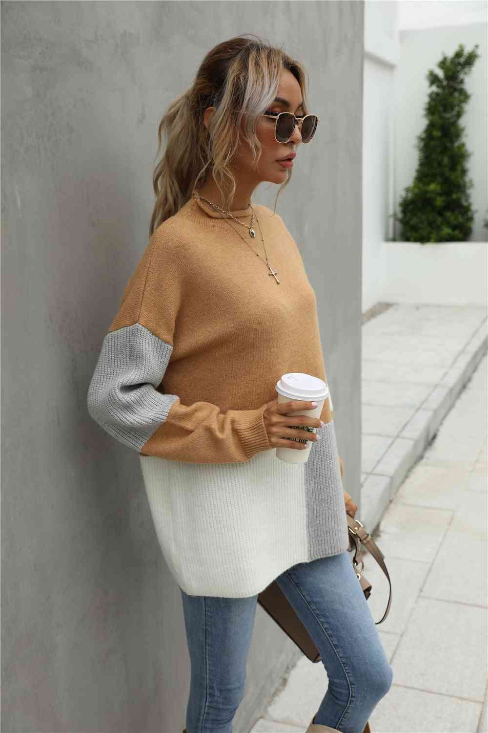 Color Block Round Neck Dropped Shoulder Sweater