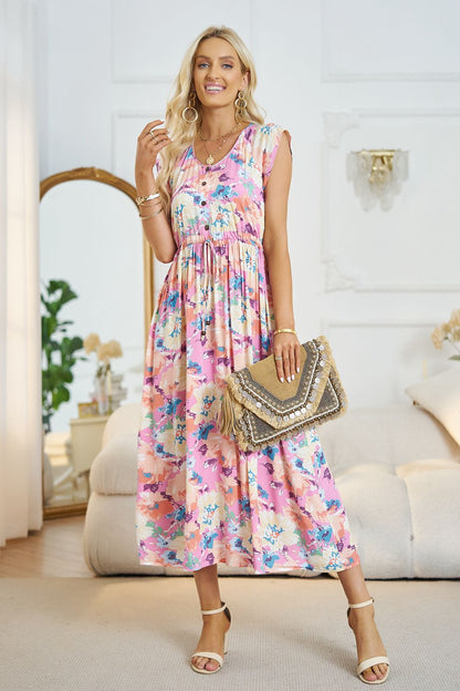 Vestido midi floral con cuello en V y línea A