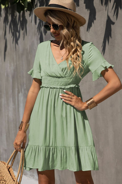 Smocked Waist Flounce Sleeve Ruffle Hem Dress