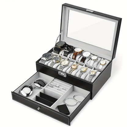 1pc Double Layer Leather Watch and Jewelry Storage Box with 12 Slots - Keep Your Valuables Organized and Secure