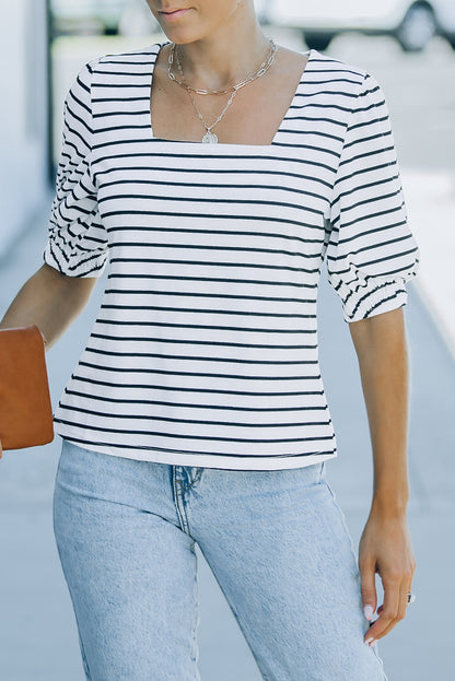 Striped Half Puff Sleeve Square Neck T-Shirt