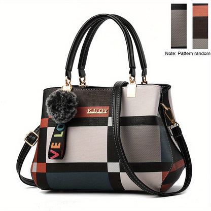 Sac cartable élégant à motif à carreaux – Sac à main à double poignée color block pour sac à bandoulière tendance pour femme 