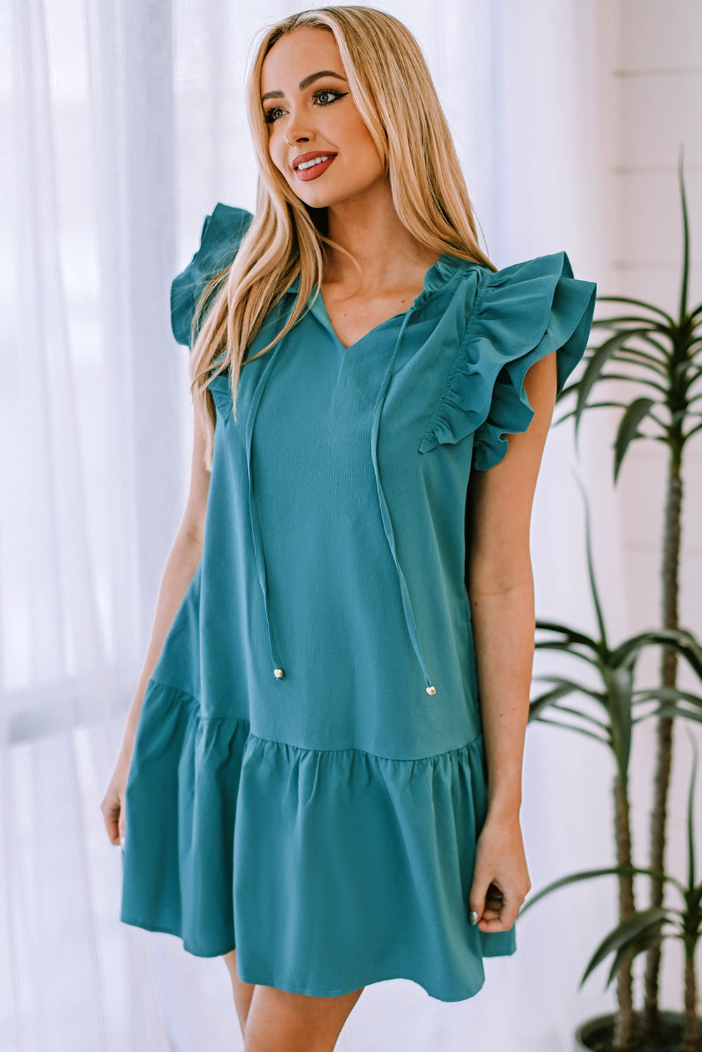 Ruffle Shoulder Tie-Neck Tiered Dress