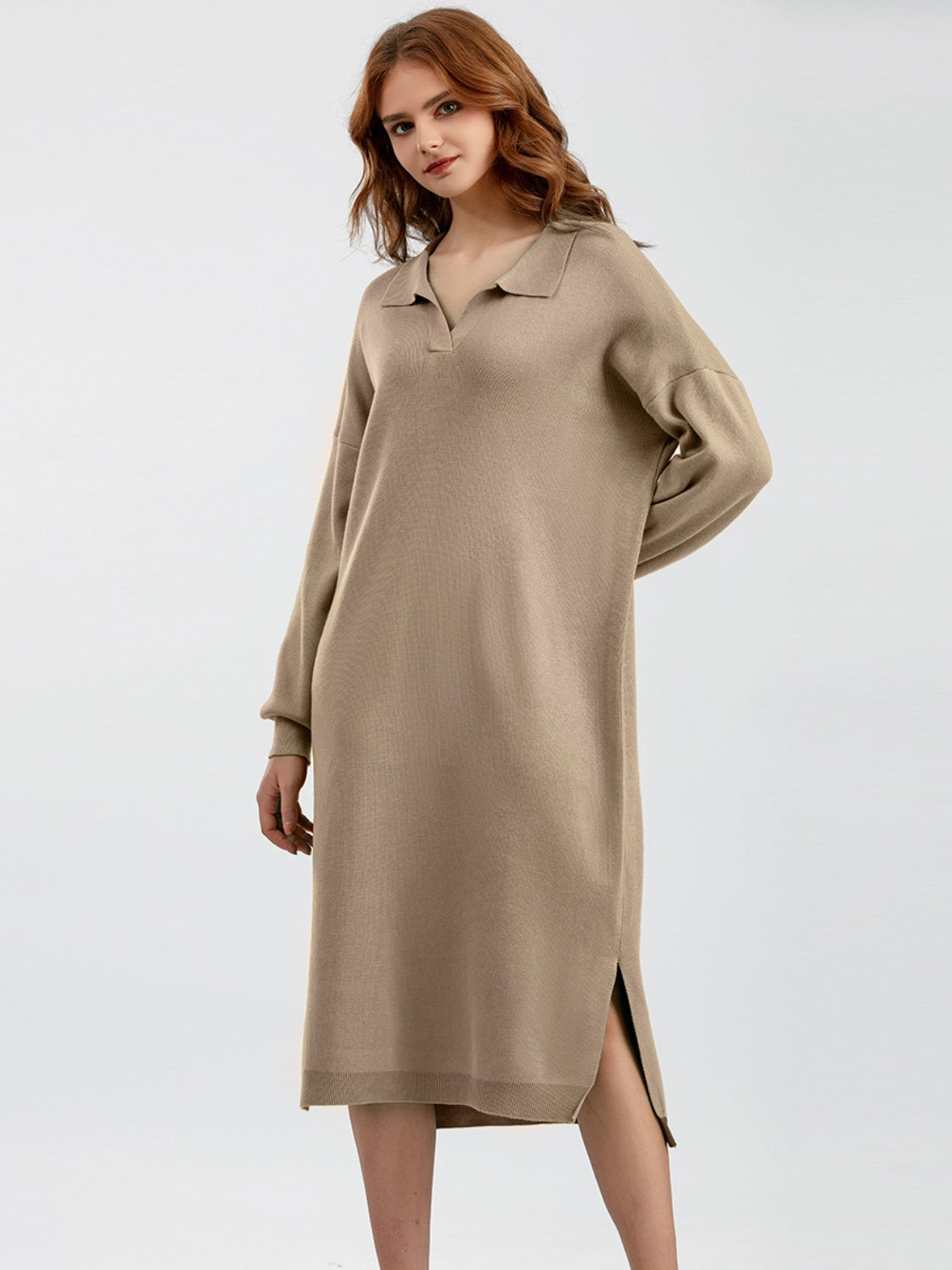 Johnny Collar Long Sleeve Slit Sweater Dress