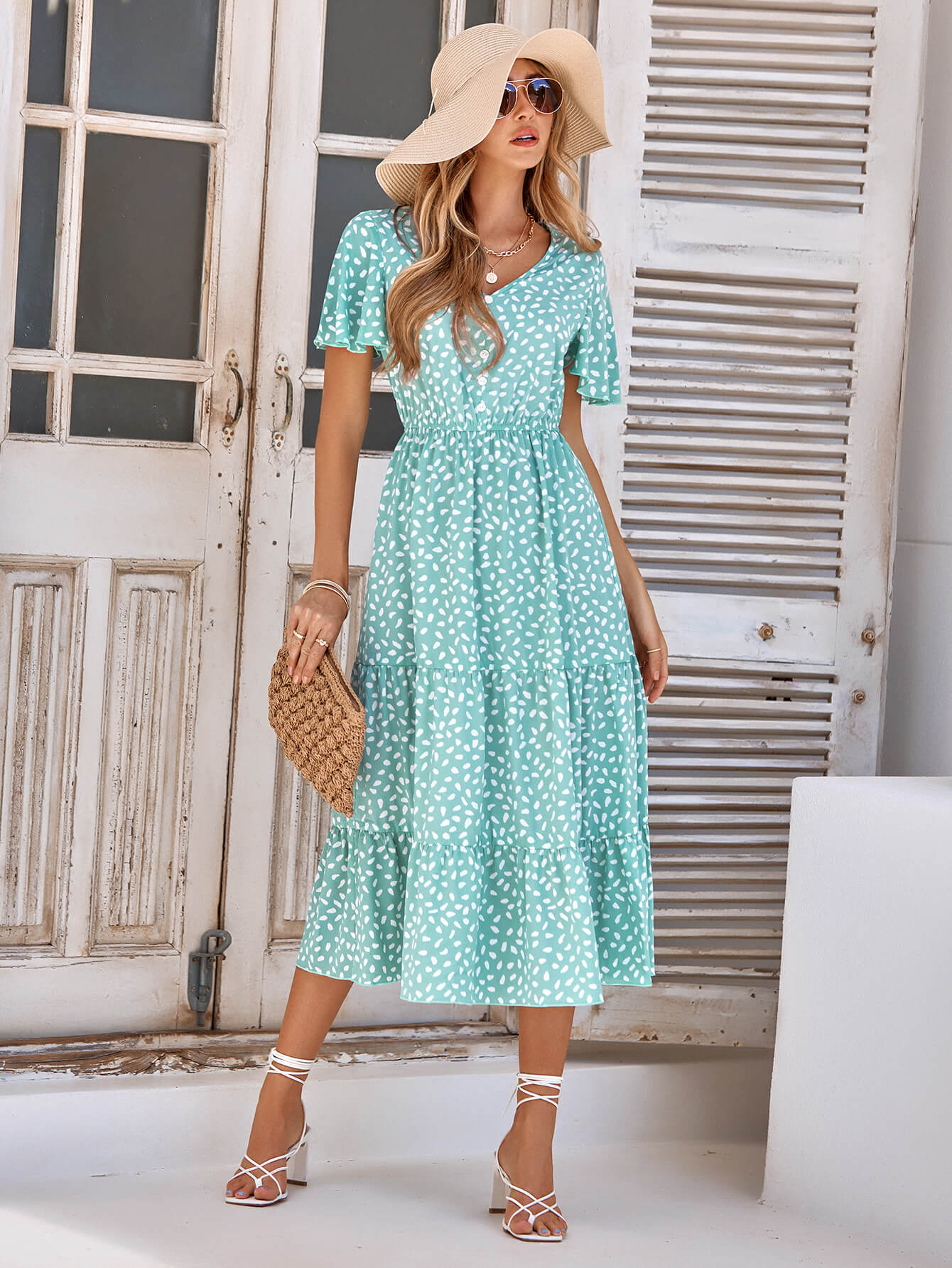 Printed Flutter Sleeve Tiered Dress