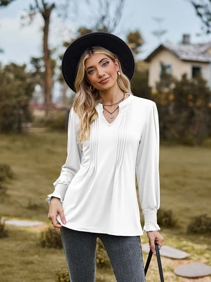 Notched Neck Flounce Sleeve Blouse