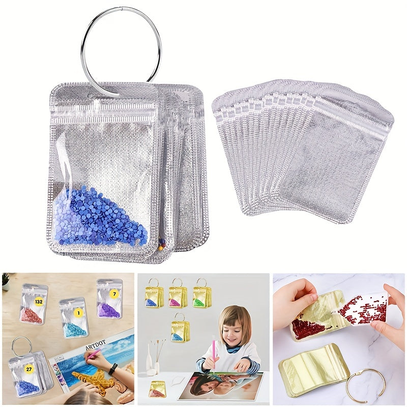 50/100pcs Reusable Diamond Painting Tool Kit Storage Bags with 2 Round Binding Rings