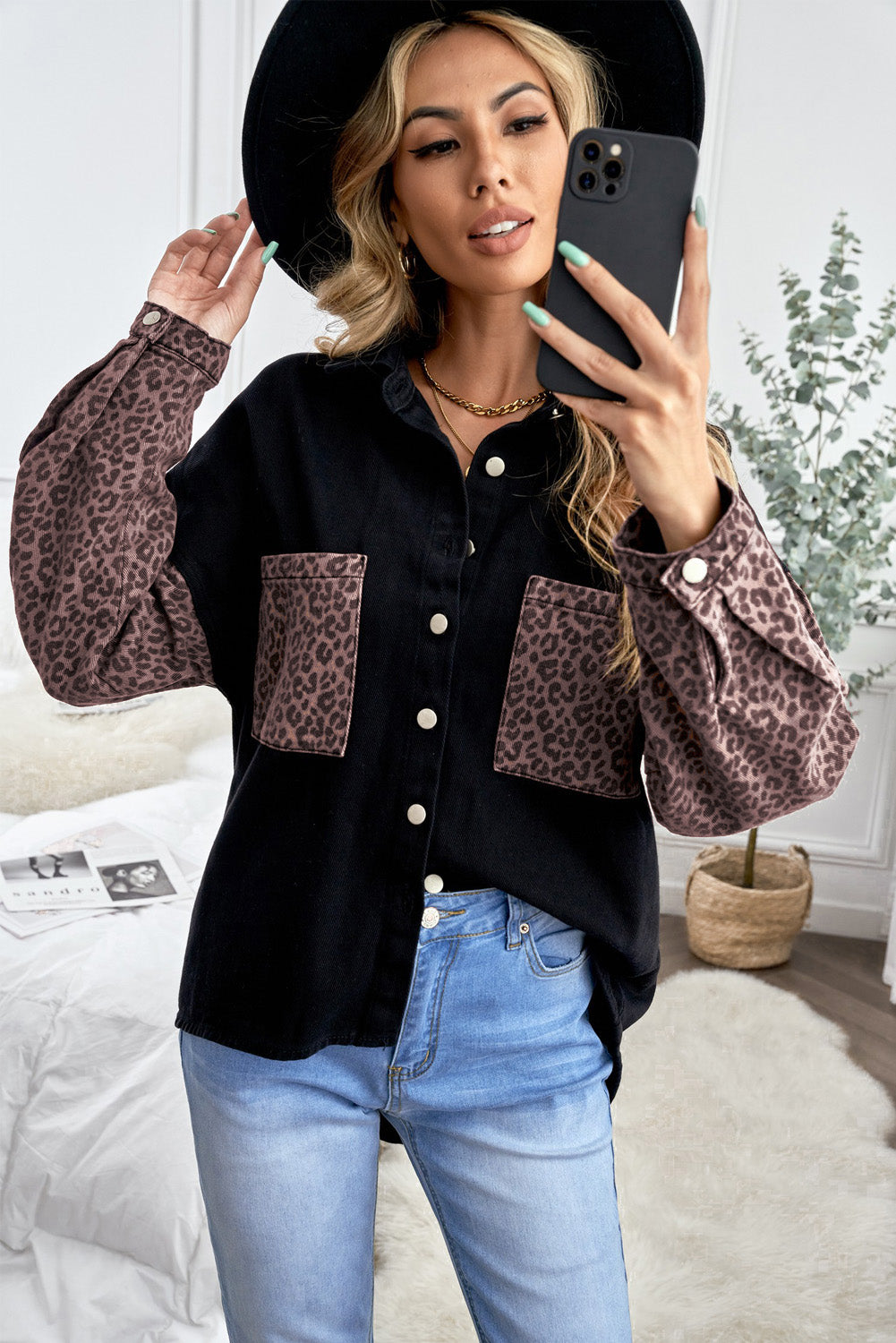 Leopard Contrast Denim Top