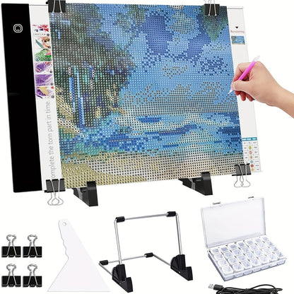 USB Powered LED Light Board for Diamond Painting Kits - Adjustable Brightness with Detachable Stand and Clips - Includes Diamond Painting Tools