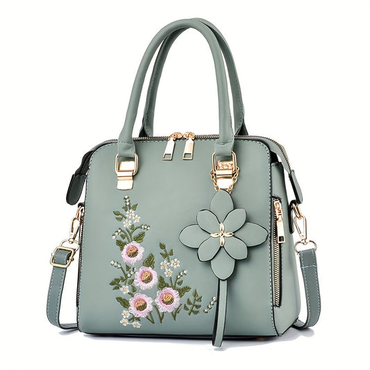 Women's Elegant Embroidered Tote Bag, Faux Leather Satchel Bag, Classic Zipper Shoulder Bag