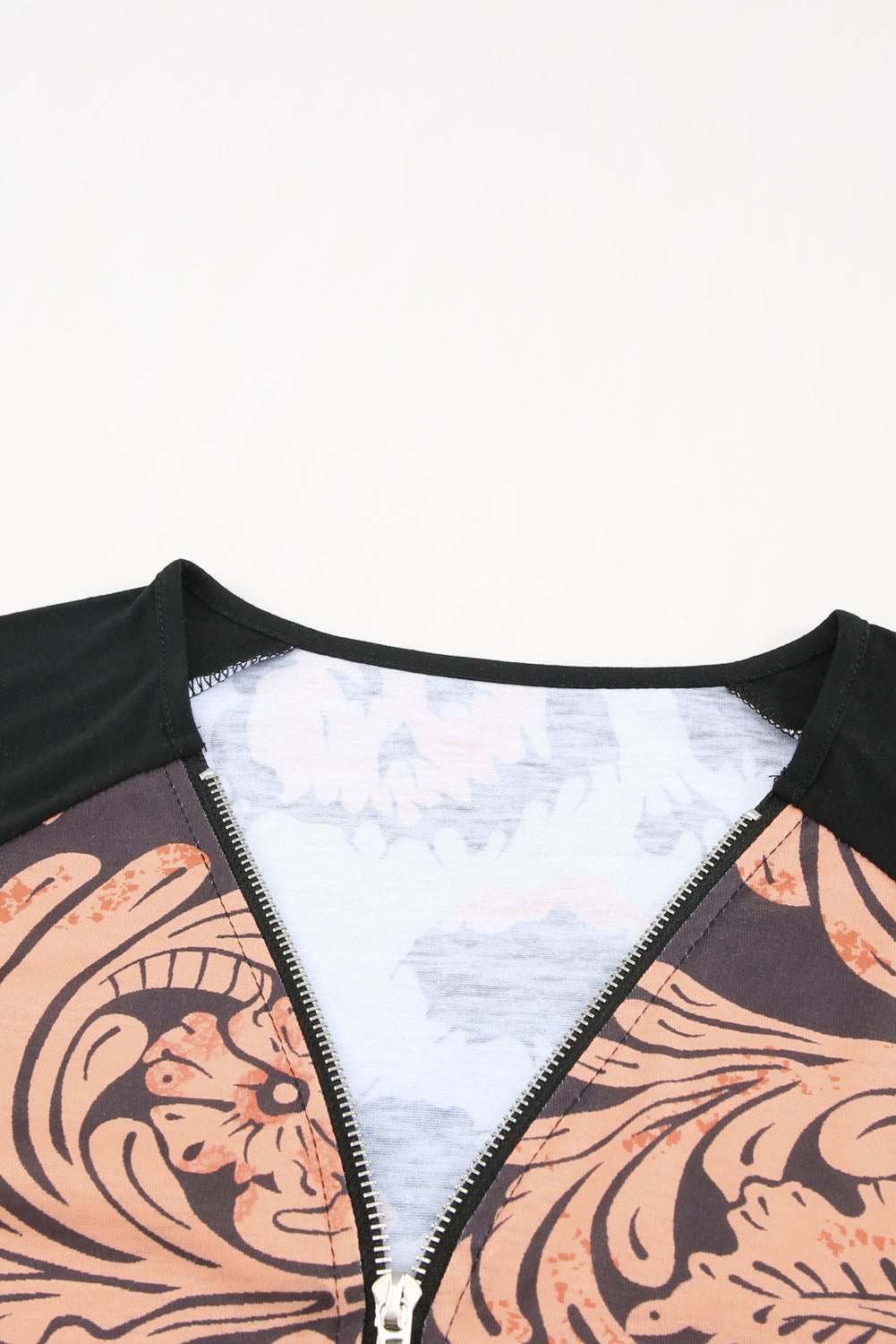 Printed Zip-Collar Short Raglan Sleeve Tee