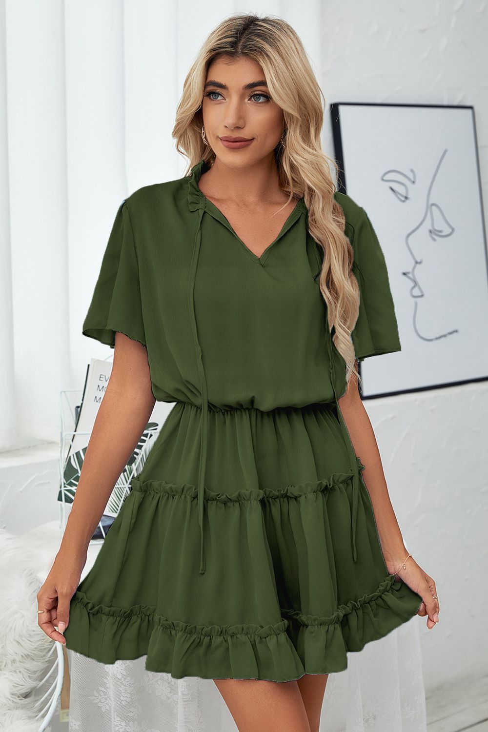 Tie Neck Frill Trim Short Sleeve Mini Dress