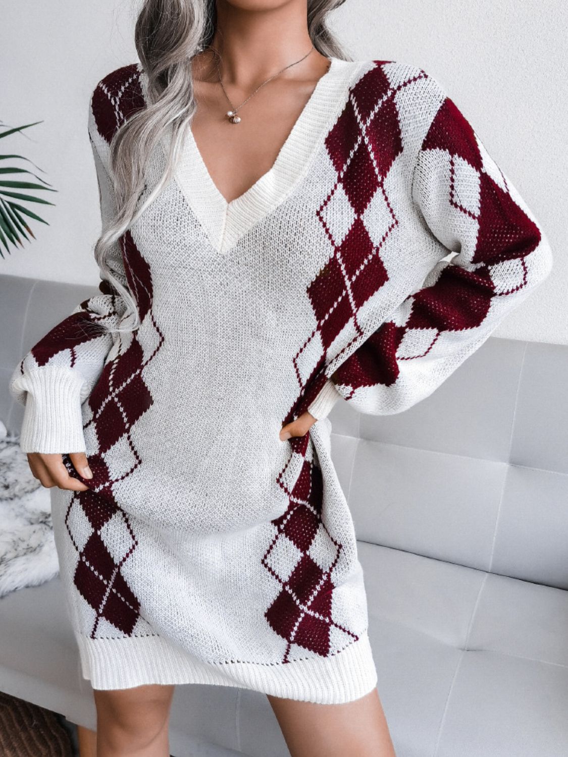 Argyle V-Neck Ribbed Trim Sweater Dress