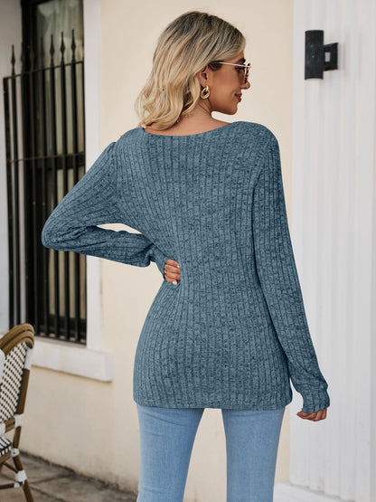 Square Neck Ribbed Long Sleeve T-Shirt