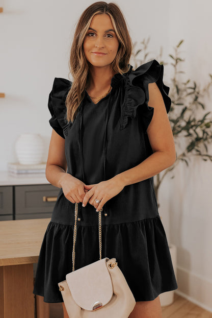 Ruffle Shoulder Tie-Neck Tiered Dress