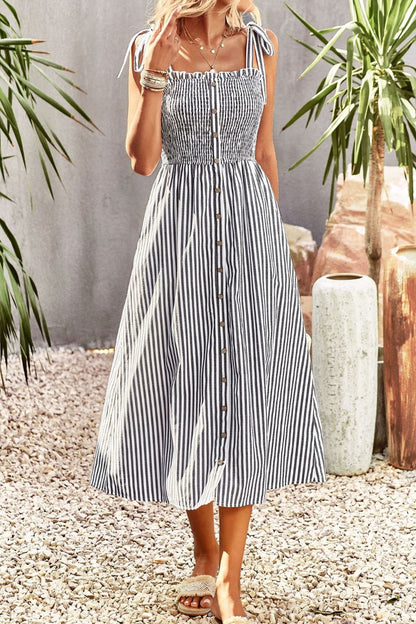 Smocked Tie Strap Sleeveless Striped Midi Dress