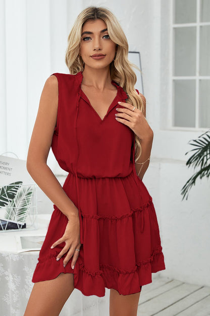 Frill Trim Tie Neck Sleeveless Mini Dress