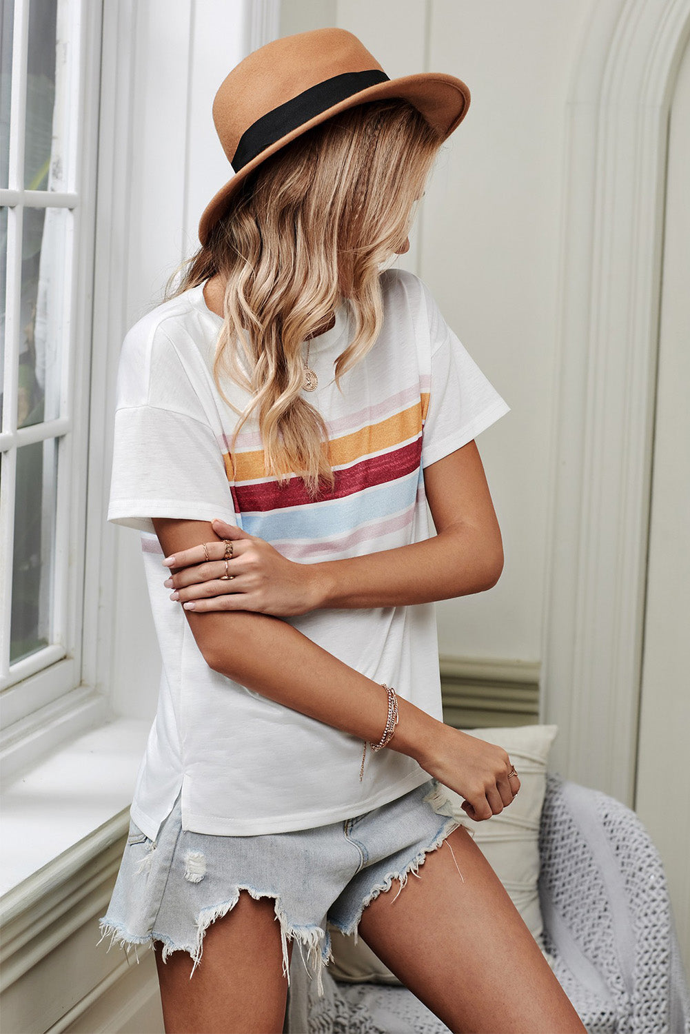 Striped Dropped Shoulder Round Neck Tee