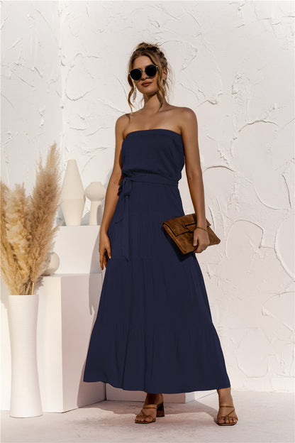 Strapless Tie Waist Tiered Maxi Dress