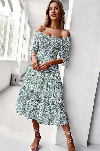 Ditsy Floral Off-Shoulder Smocked Midi Dress