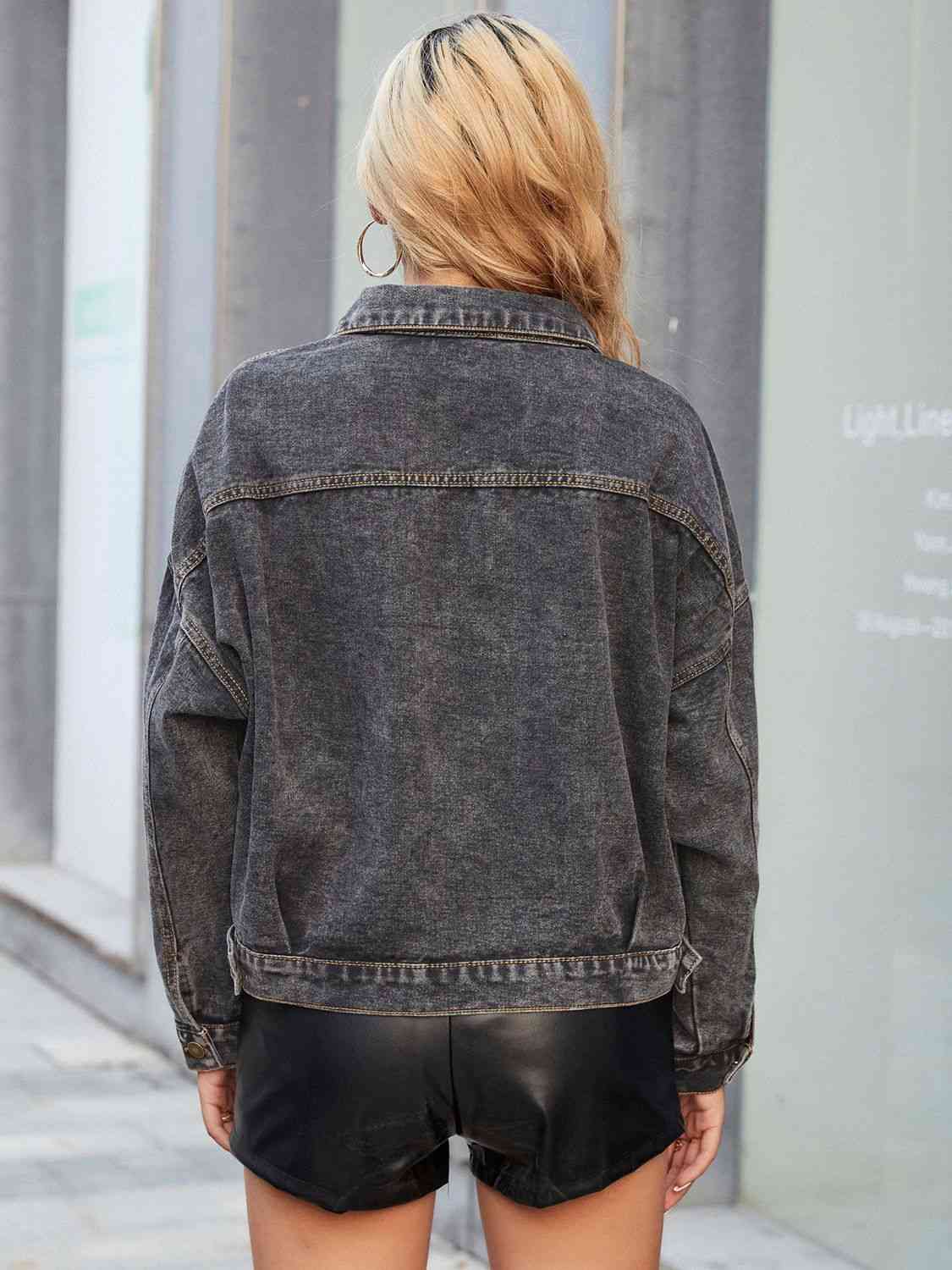 Collared Neck Dropped Shoulder Denim Jacket